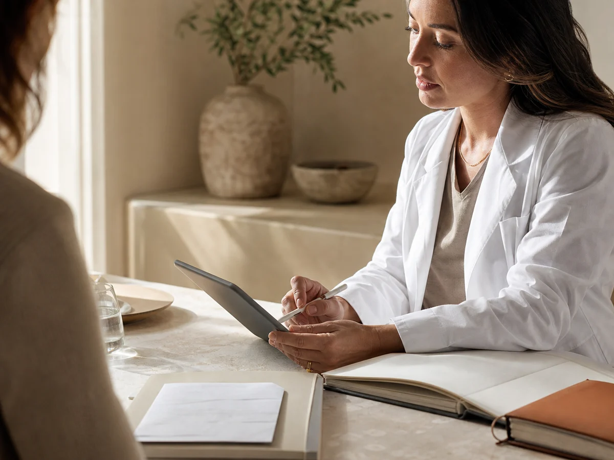 Clinician carefully reviewing health information during a consultation