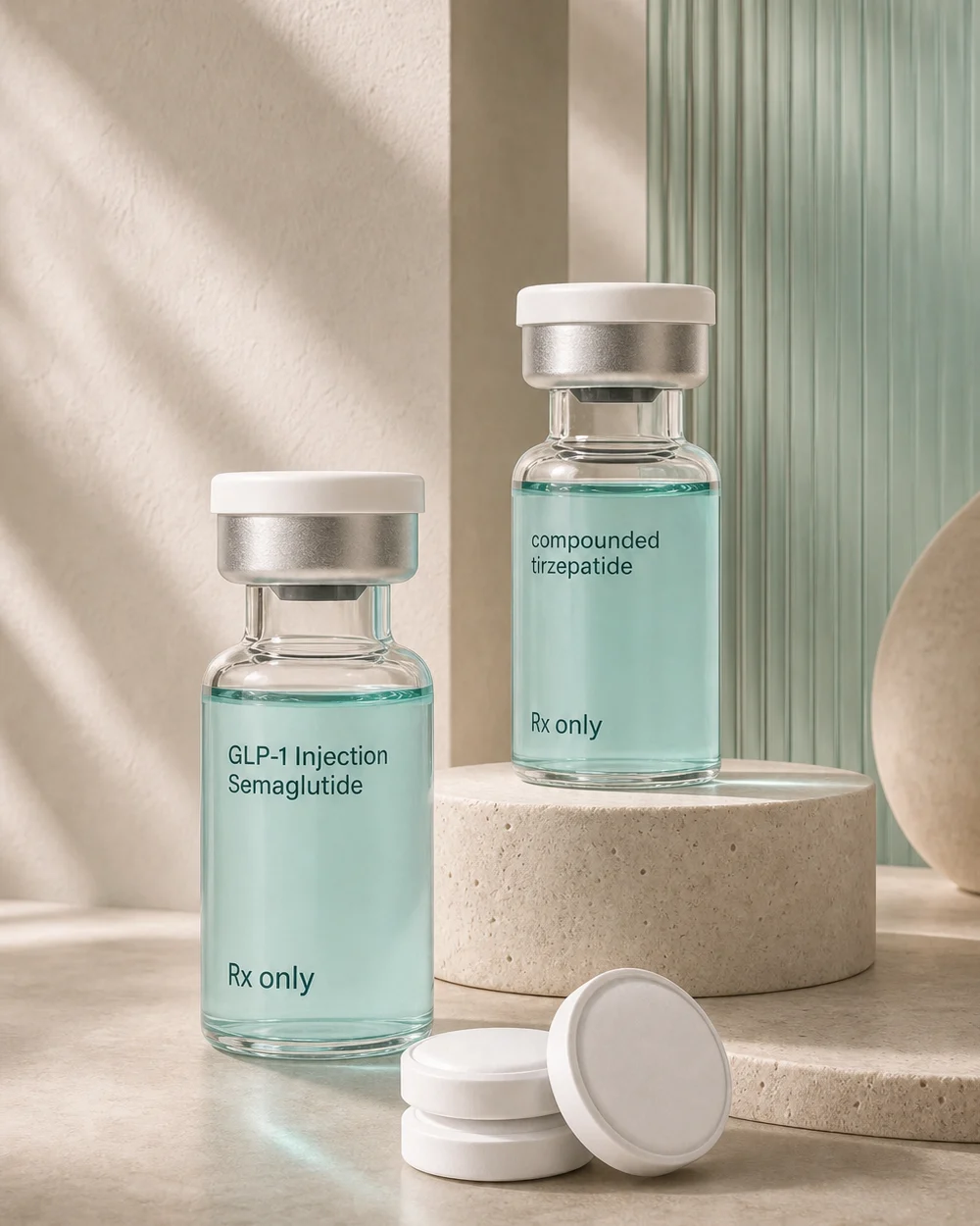 Semaglutide, Tirzepatide, and sublingual Semaglutide options arranged in a premium product studio