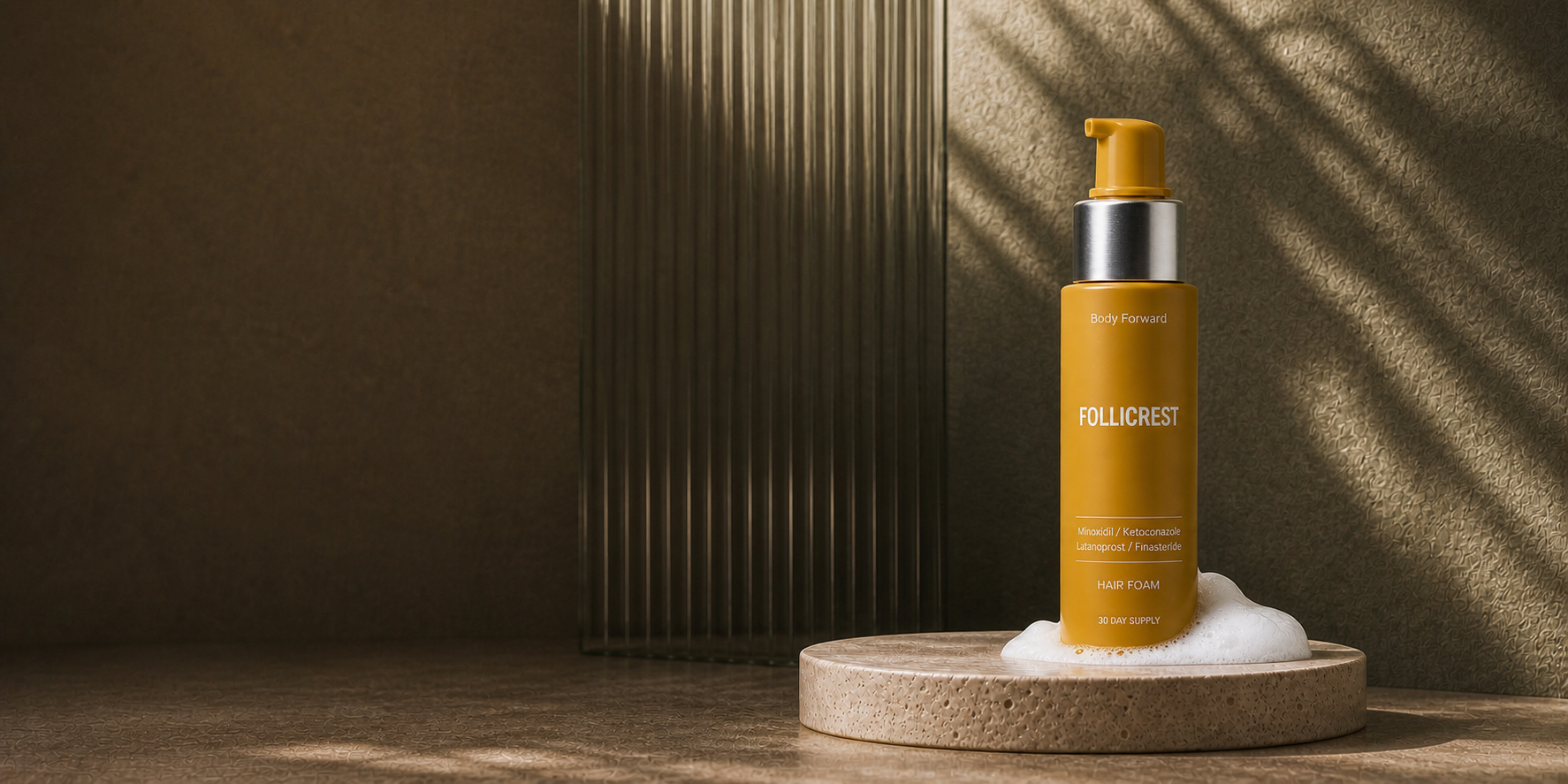 FolliCrest hair foam bottle displayed with foam in a warm Body Forward studio setting