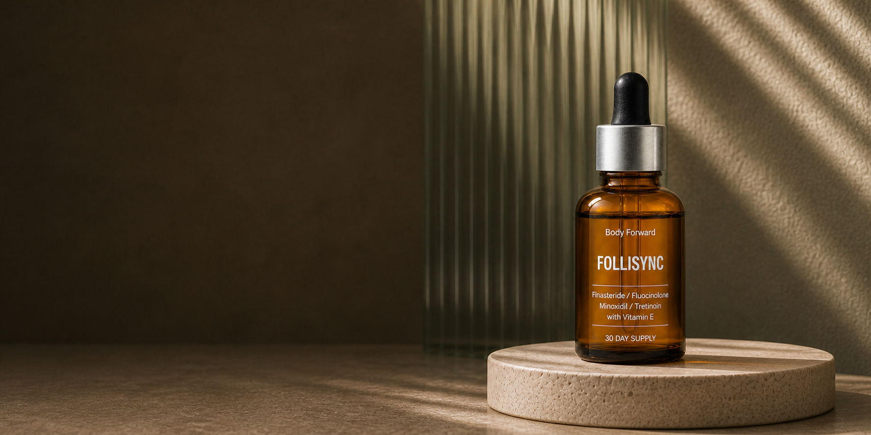 FolliSync amber glass dropper bottle displayed in a warm Body Forward studio setting