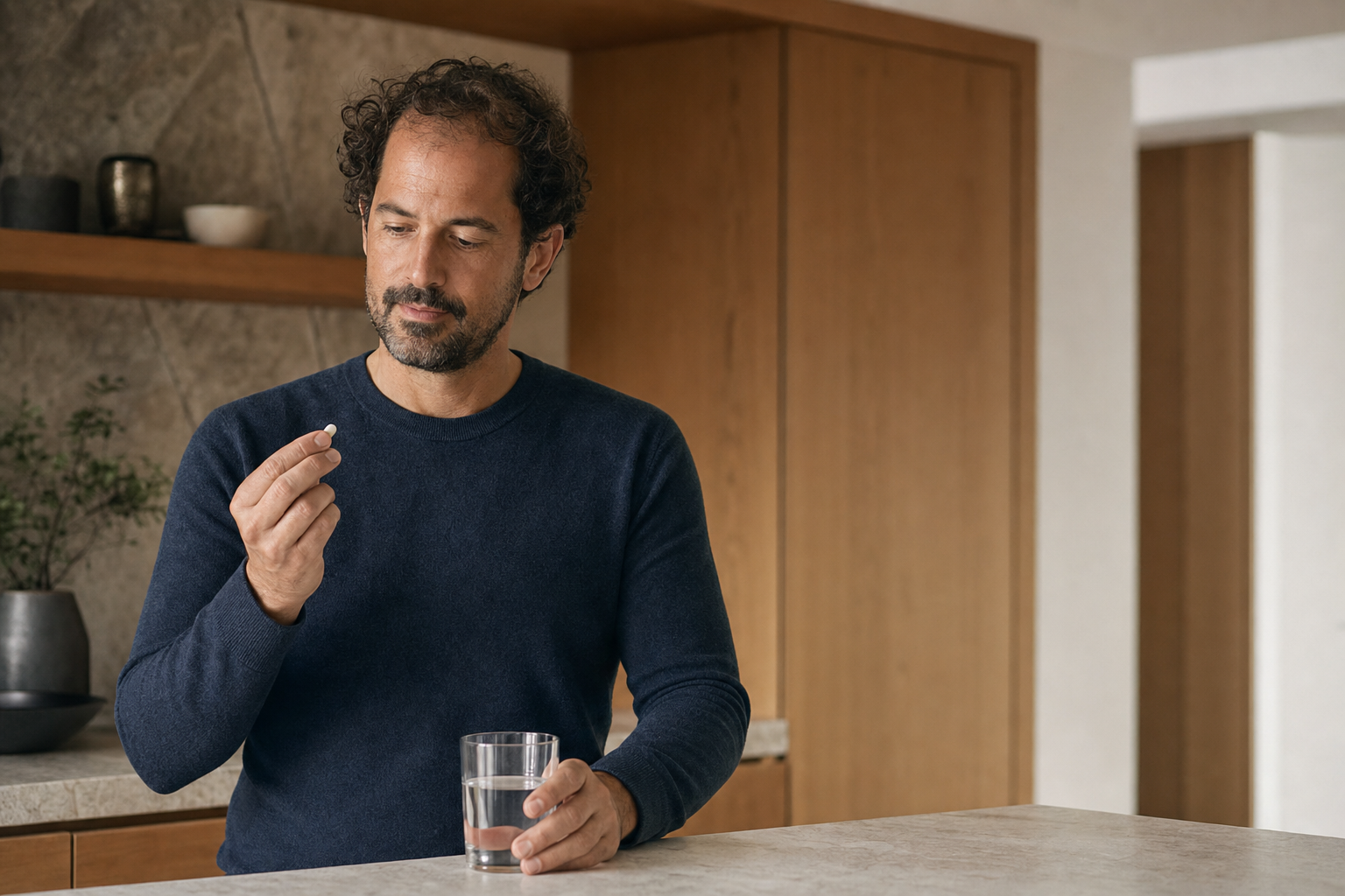 Adult man holding an oral treatment and water