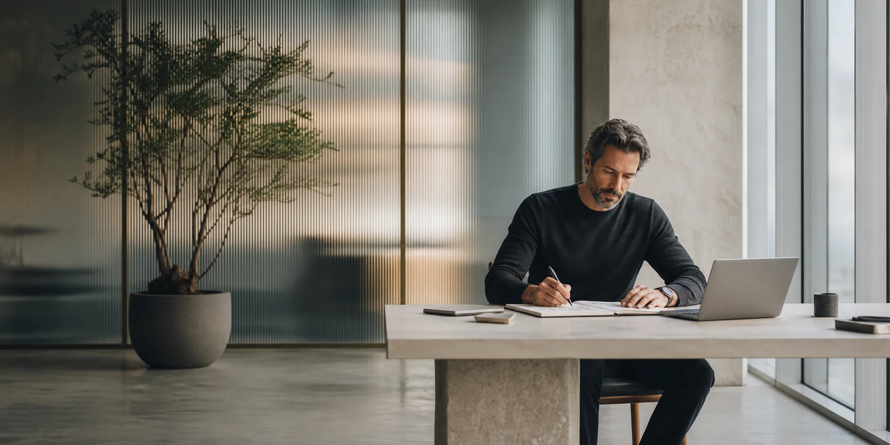 Creative professional working with focused calm in a contemporary studio