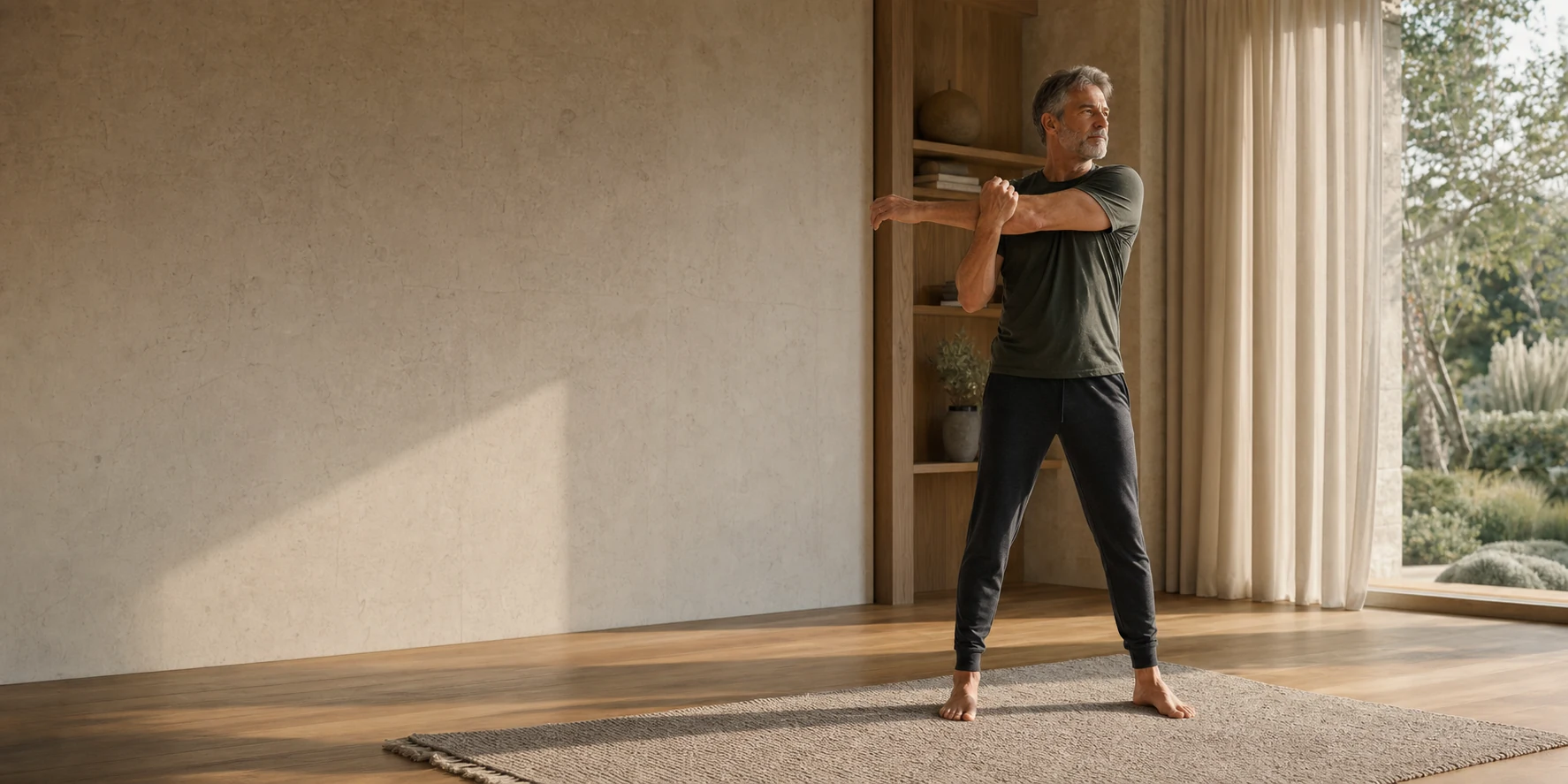Mature adult completing a gentle morning mobility routine